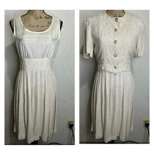 PERI PETITES Vintage 80’s Linen Blend Dress Set Size 6 Cottagecore Preppy Beige